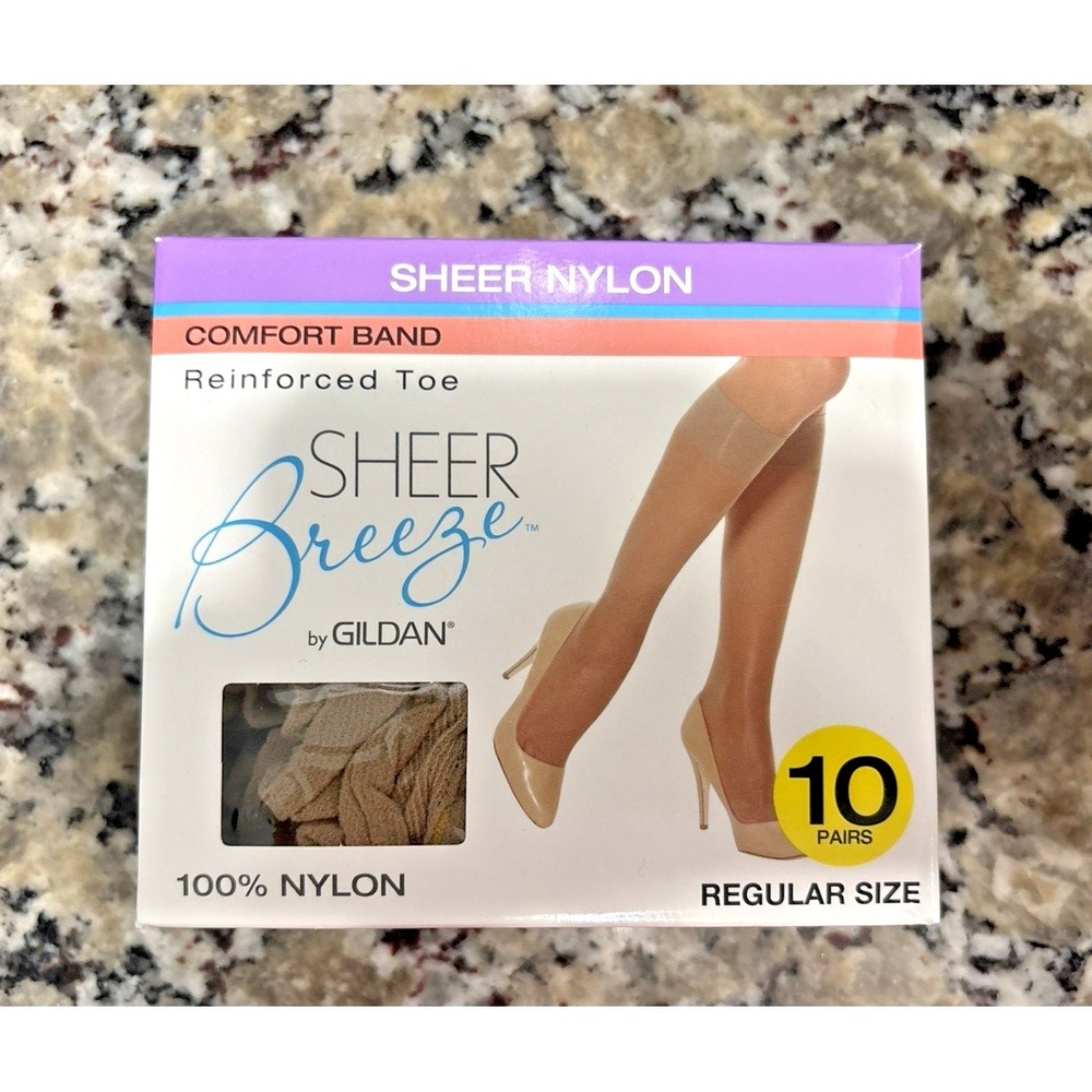 Gildan 10 Pairs Knee Highs Sheer Breeze Beige Nylon Size regular